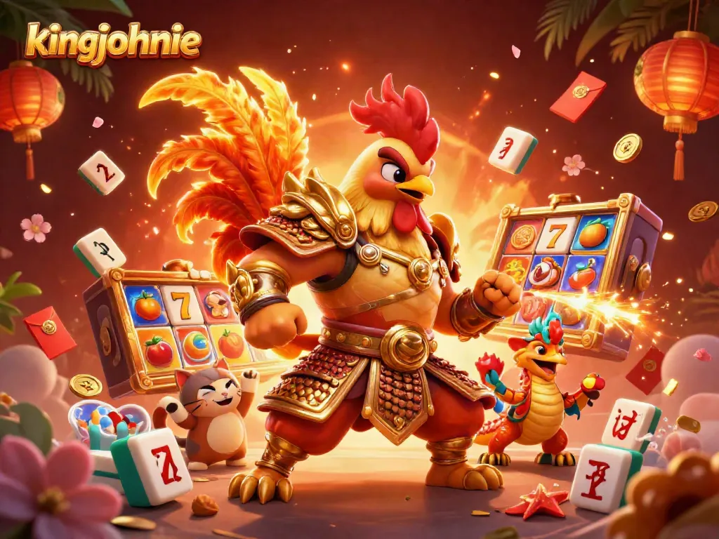 Engage with kingjohnnie's dynamic casino experience through a vibrant scene featuring game symbols, characters, and colorful illustrations.