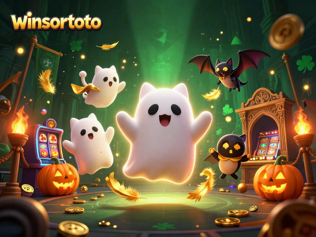 Menampilkan winsortoto, kucing hantu ramah menembus kasino berhantu dikelilingi koin emas dan simbol permainan.