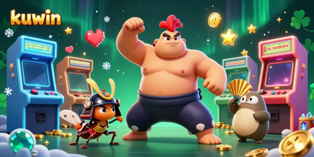Kuwin gaming scene featuring a powerful sumo rooster, fierce samurai cricket, and tanuki announcer in an energetic casino atmosphere.