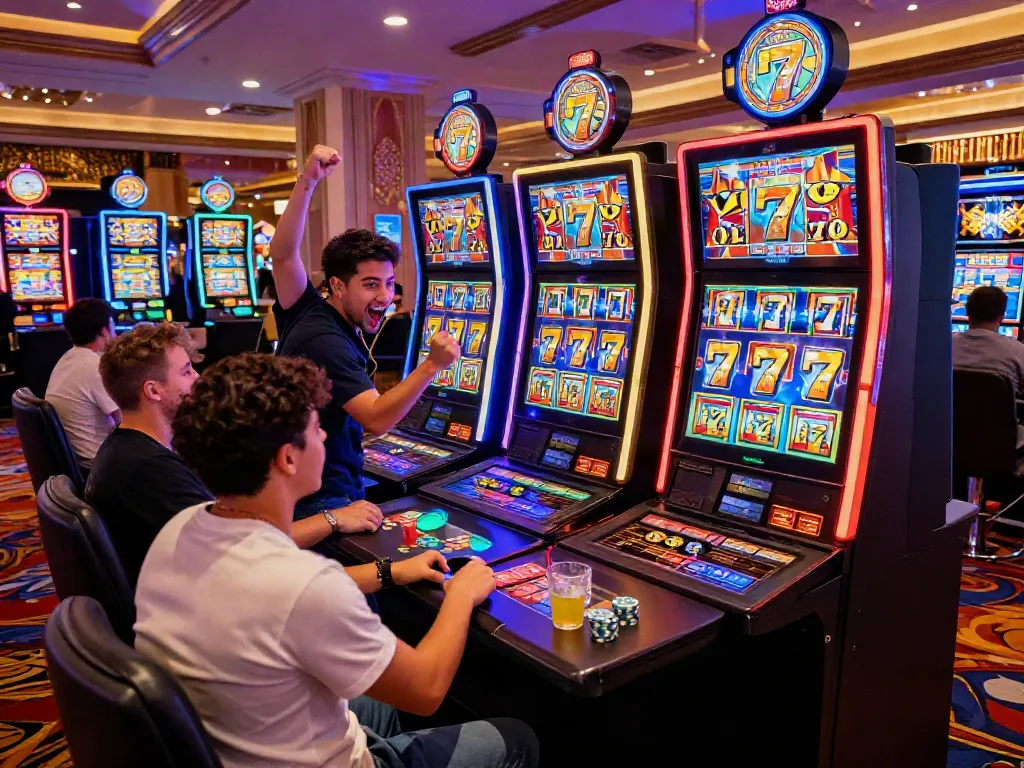 Players celebrating wins at Lucky777-themed slot machines in a vibrant casino atmosphere.