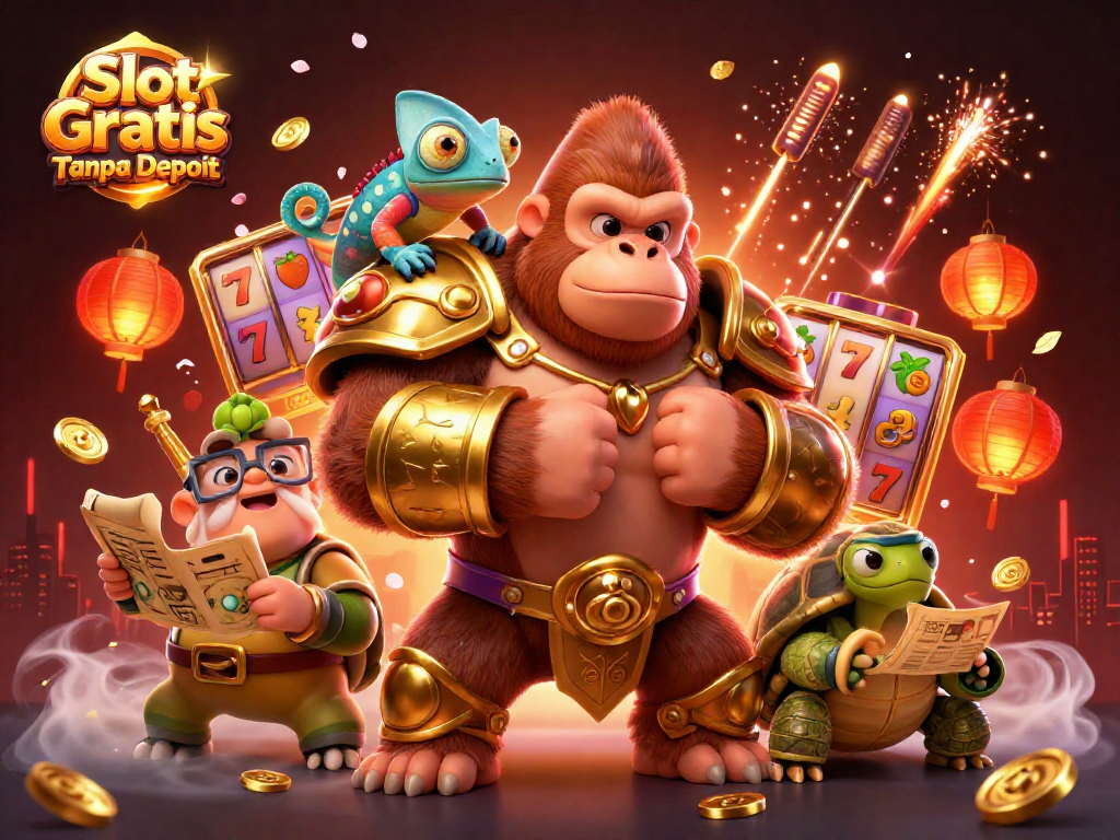 Experience the thrill of Slot Gratis Tanpa Deposit with dynamic 3D casino characters and vibrant game elements.