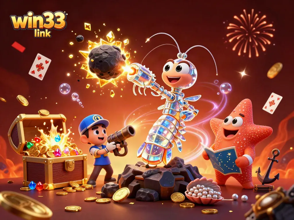 Experience thrilling gaming action with the win33 link as vibrant characters explore a treasure-filled scene.