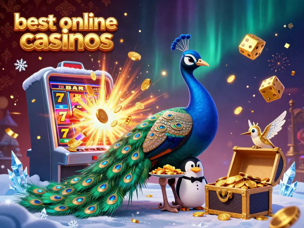 Experience the excitement of the best online casinos with this vibrant casino-themed scene featuring a majestic peacock, a penguin butler, and gaming elements.